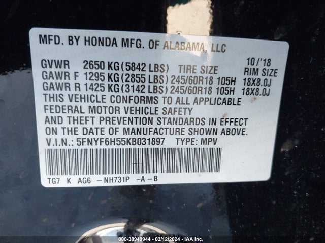 Honda Pilot Ex-l 2019 5FNYF6H55KB031897 Image 9
