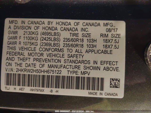 Honda CR-V EX 2017 2HKRW2H50HH675122 Image 9
