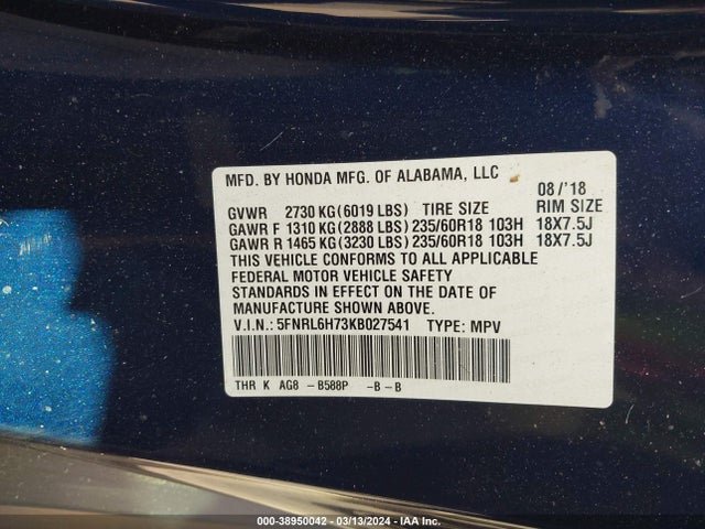 Honda Odyssey Ex-l 2019 5FNRL6H73KB027541 Image 9