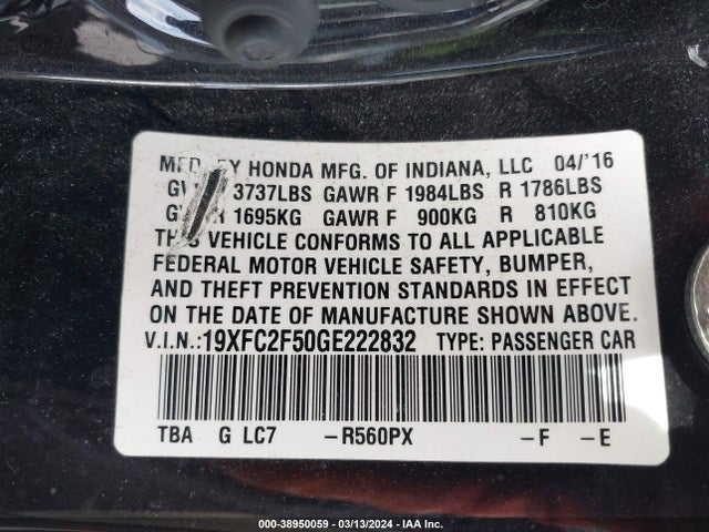 Honda Civic Lx 2016 19XFC2F50GE222832 Image 9