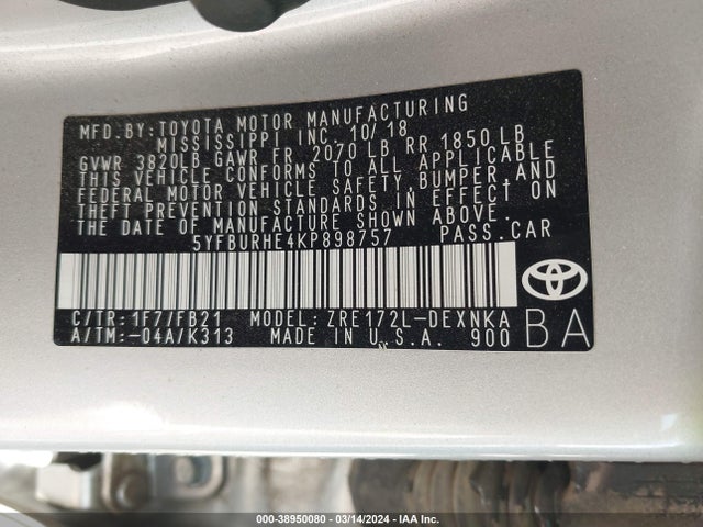 Toyota COROLLA LE 2019 5YFBURHE4KP898757 Image 9