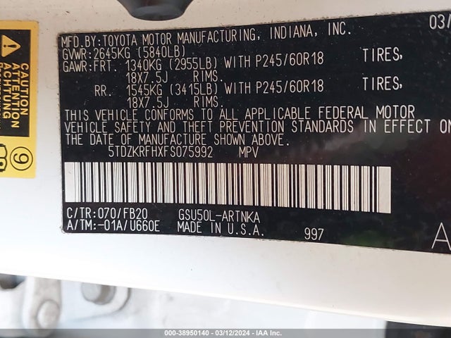Toyota Highlander Le V6 2015 5TDZKRFHXFS075992 Image 8