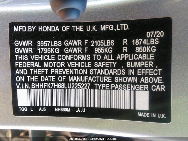 Honda CIVIC EX 2020 SHHFK7H68LU225227 Image 9