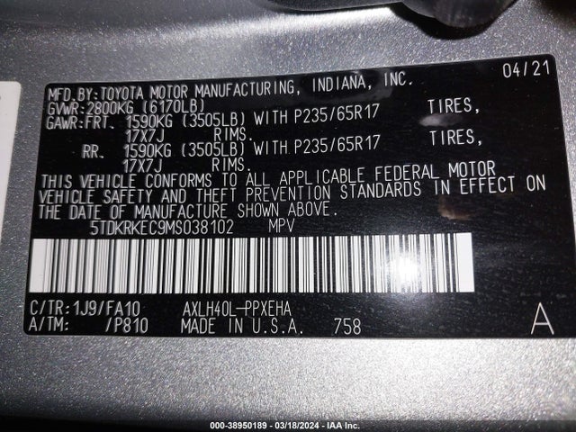 Toyota SIENNA LE 2021 5TDKRKEC9MS038102 Image 9