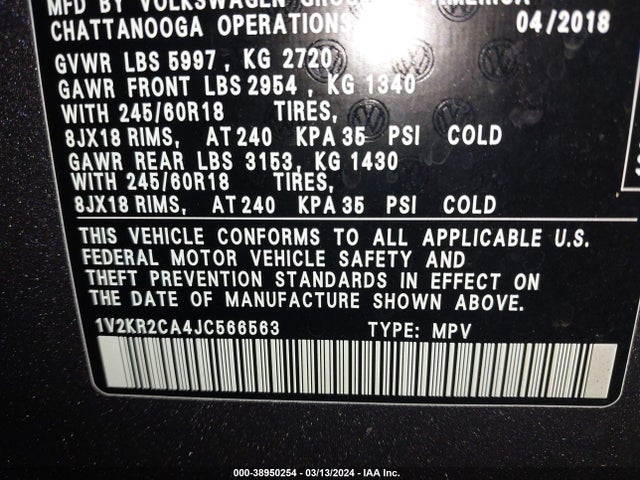 1V2KR2CA4JC566563 Volkswagen Atlas 3.6l V6 Se