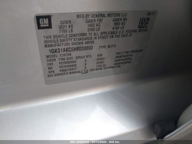 1GKS1AKC5HR330893 GMC YUKON SLE