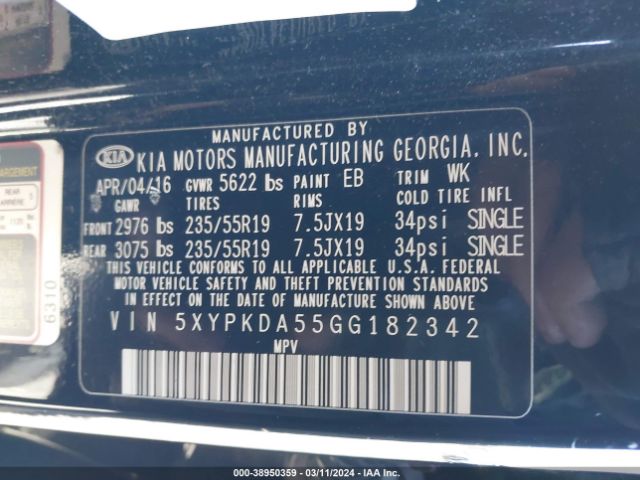 5XYPKDA55GG182342 KIA Sorento 3.3l Sxl
