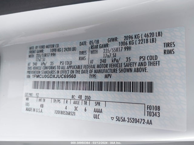 Ford ESCAPE SE 2018 1FMCU0GDXJUC69560 Image 9