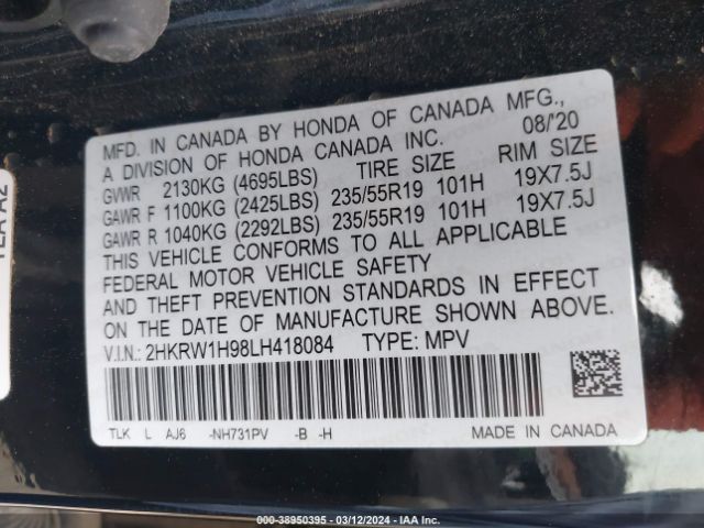 2HKRW1H98LH418084 Honda Cr-v 2wd Touring