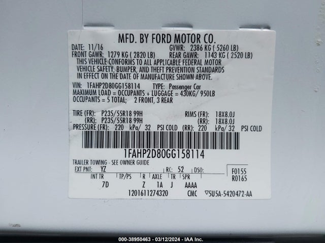 Ford TAURUS SE 2016 1FAHP2D80GG158114 Image 9