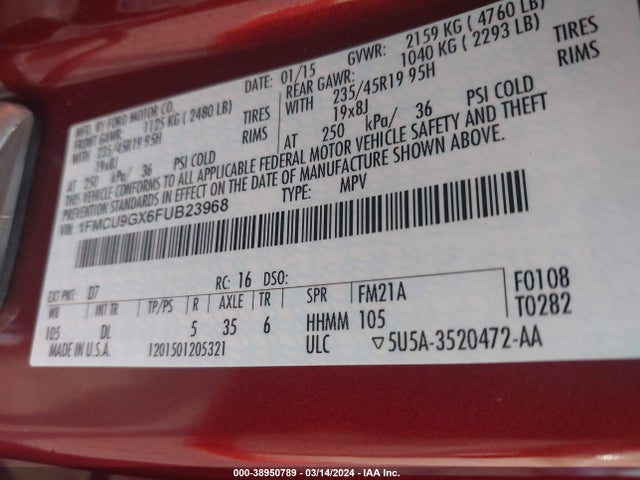 Ford ESCAPE SE 2015 1FMCU9GX6FUB23968 Image 9