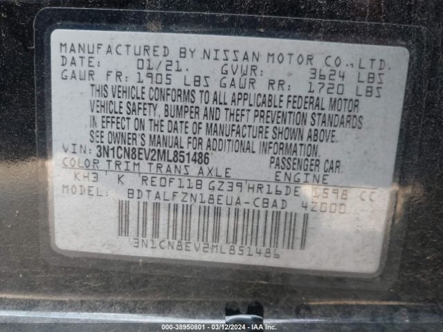 3N1CN8EV2ML851486 Nissan Versa Sv Xtronic Cvt