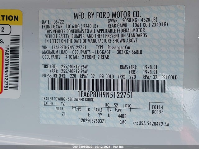 Ford Mustang Ecoboost Fastback 2022 1FA6P8TH9N5122751 Image 9