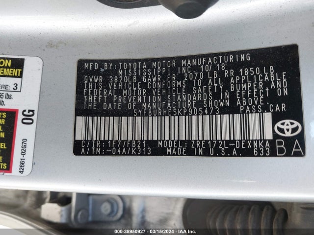 Toyota COROLLA LE 2019 5YFBURHE5KP905473 Image 9
