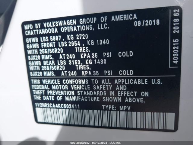 1V2NR2CA4KC502411 Volkswagen Atlas 3.6l V6 Sel Premium