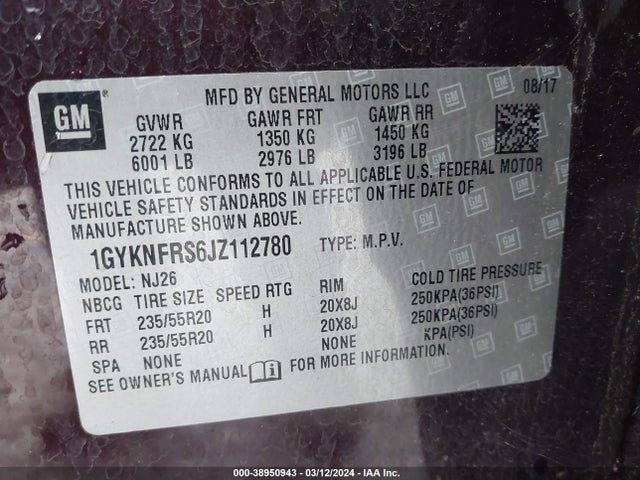 1GYKNFRS6JZ112780 Cadillac Xt5 Premium Luxury