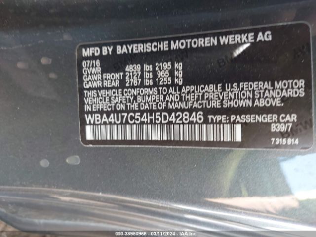 WBA4U7C54H5D42846 BMW 430I