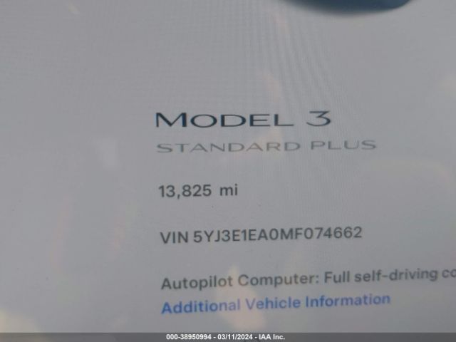 5YJ3E1EA0MF074662 Tesla Model 3 Standard Range Plus Rear-wheel Drive