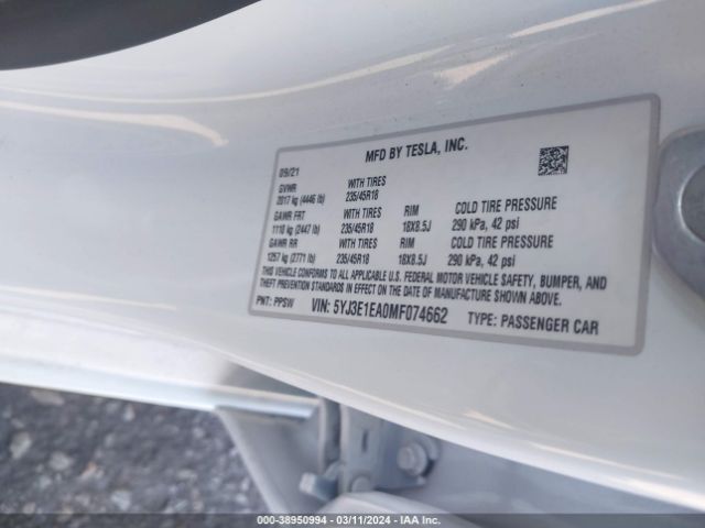 5YJ3E1EA0MF074662 Tesla Model 3 Standard Range Plus Rear-wheel Drive