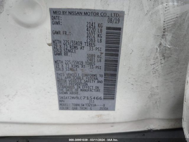 5N1AT2MV9LC715466 Nissan Rogue Sl Intelligent Awd