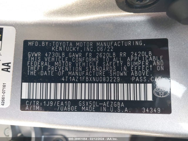 Toyota AVALON XLE 2022 4T1AZ1FBXNU083229 Image 9