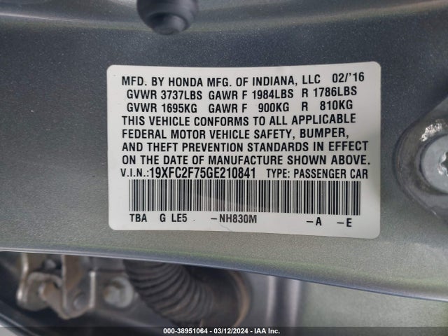 Honda CIVIC EX 2016 19XFC2F75GE210841 Image 9