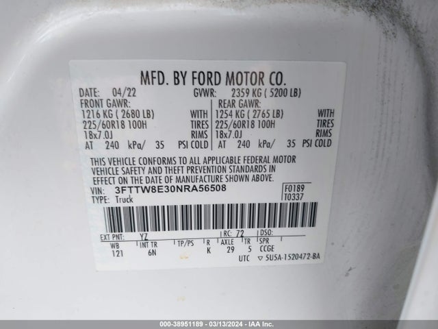 Ford Maverick Lariat 2022 3FTTW8E30NRA56508 Image 9