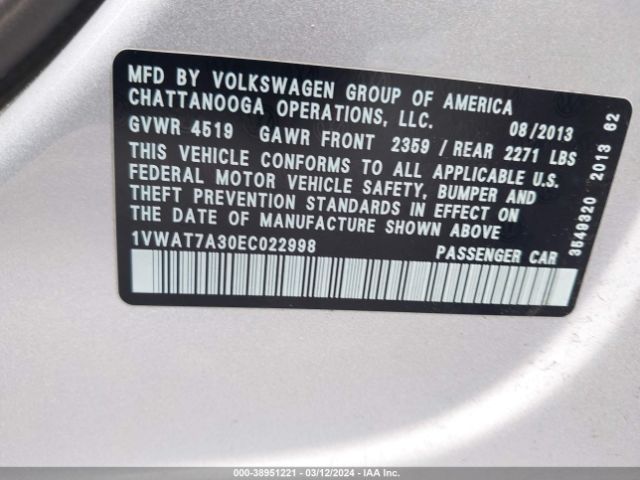1VWAT7A30EC022998 Volkswagen Passat 1.8t Wolfsburg Edition