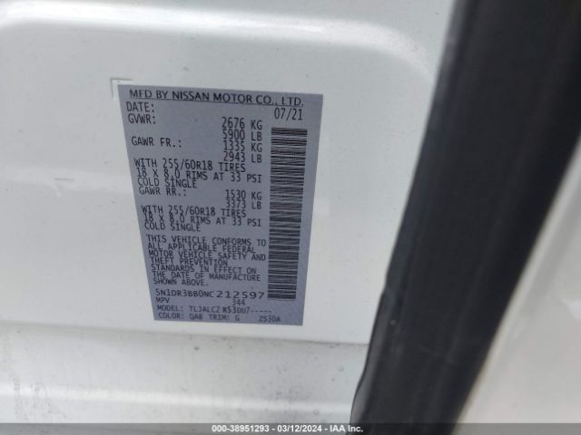 5N1DR3BB0NC212597 Nissan Pathfinder Sv 2wd