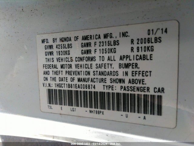 Honda Accord Ex-l 2014 1HGCT1B81EA006874 Image 9