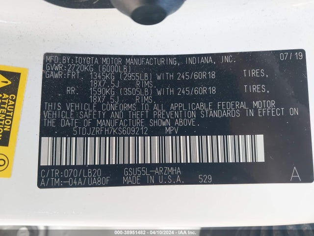 Toyota Highlander Xle 2019 5TDJZRFH7KS609212 Image 9
