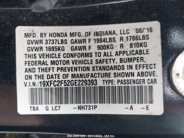 Honda Civic Lx 2016 19XFC2F52GE229393 Image 9