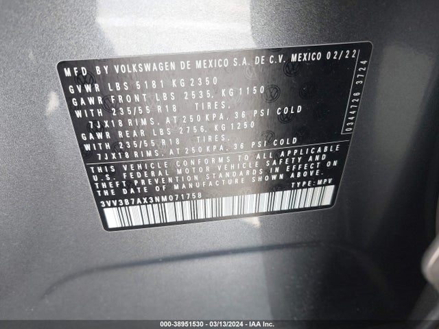 3VV3B7AX3NM071758 Volkswagen Tiguan 2.0t Se