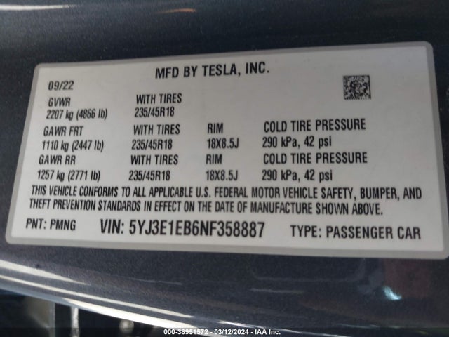Tesla Model 3 Long Range Dual Motor All-wheel Drive 2022 5YJ3E1EB6NF358887 Image 9