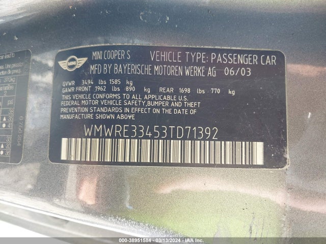 2003 MINI COOPER S WMWRE33453TD71392 Photo 8