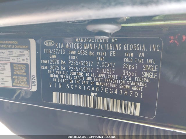 KIA SORENTO LX 2014 5XYKTCA67EG438701 Image 9