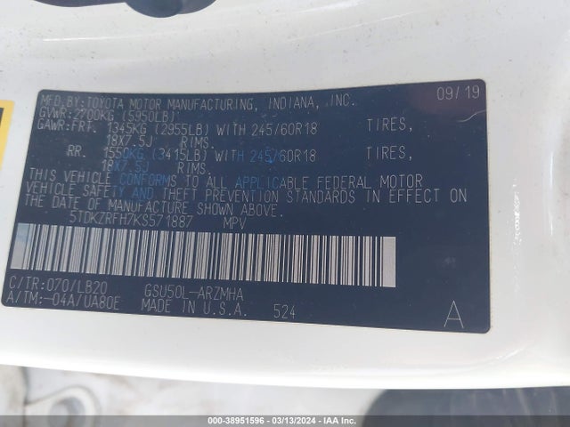 Toyota Highlander Xle 2019 5TDKZRFH7KS571887 Image 9