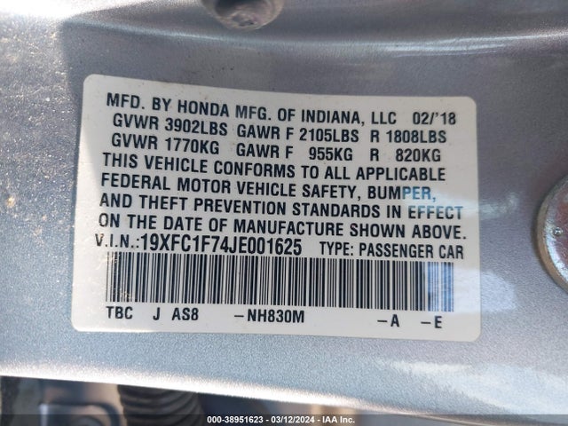 Honda Civic Ex-l 2018 19XFC1F74JE001625 Image 9