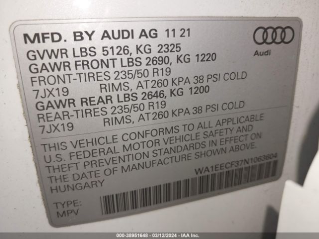 WA1EECF37N1063604 Audi Q3 Premium Plus 45 Tfsi S Line Quattro Tiptronic