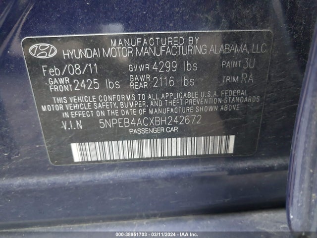 2011 Hyundai Sonata Gls მანქანა იყიდება აუქციონზე, vin: 5NPEB4ACXBH242672, აუქციონის ნომერი: 38951703