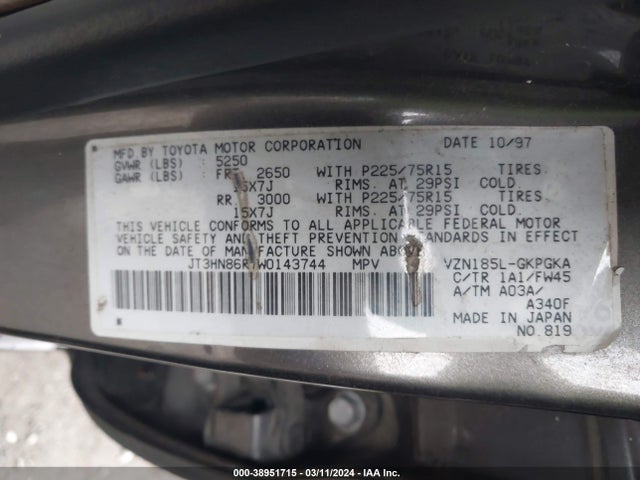 1998 TOYOTA 4RUNNER SR5 V6 VIN: JT3HN86R7W0143744