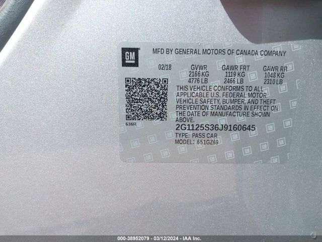 Chevrolet IMPALA 2LZ 2018 2G1125S36J9160645 Image 9