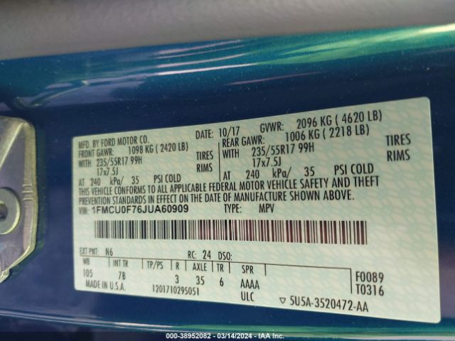 1FMCU0F76JUA60909 Ford ESCAPE S