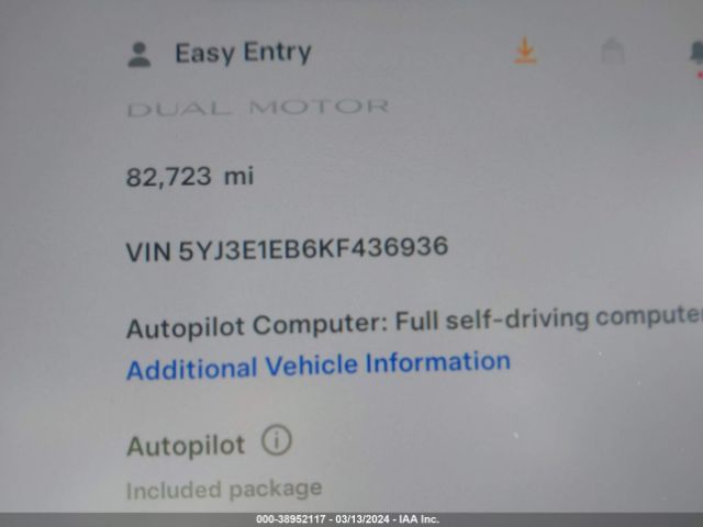 5YJ3E1EB6KF436936 Tesla Model 3 Long Range/performance
