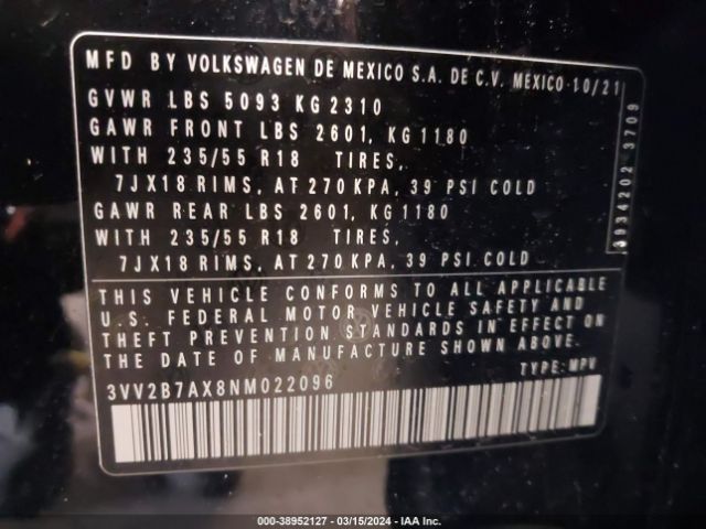 3VV2B7AX8NM022096 Volkswagen Tiguan 2.0t Se