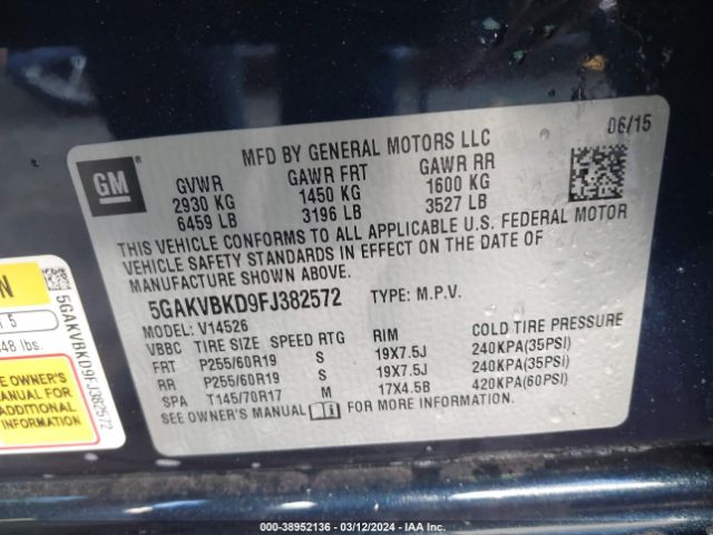 5GAKVBKD9FJ382572 Buick Enclave Leather