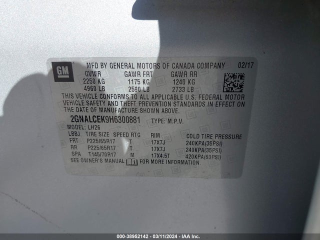 Chevrolet EQUINOX LT 2017 2GNALCEK9H6300881 Image 9