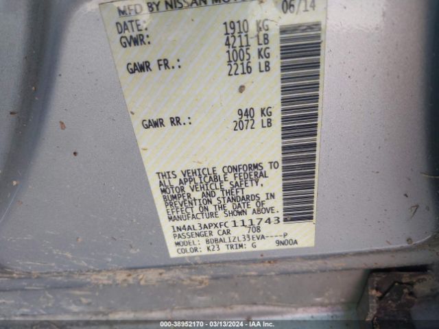 1N4AL3APXFC111743 Nissan Altima 2.5 Sv