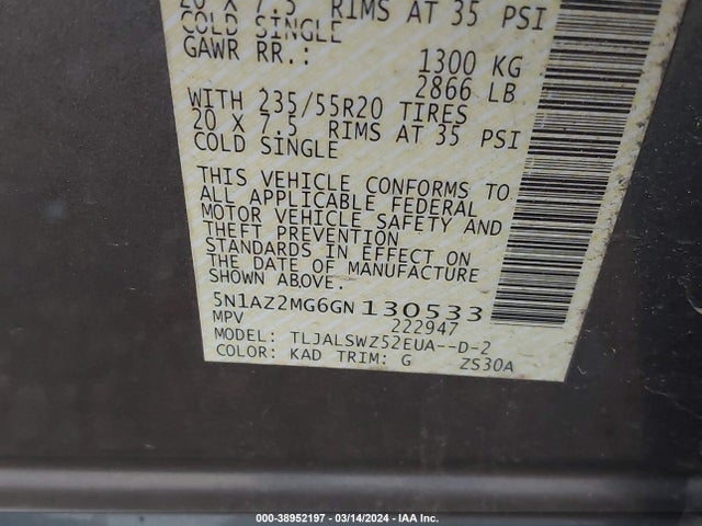 Nissan Murano Platinum 2016 5N1AZ2MG6GN130533 Image 9