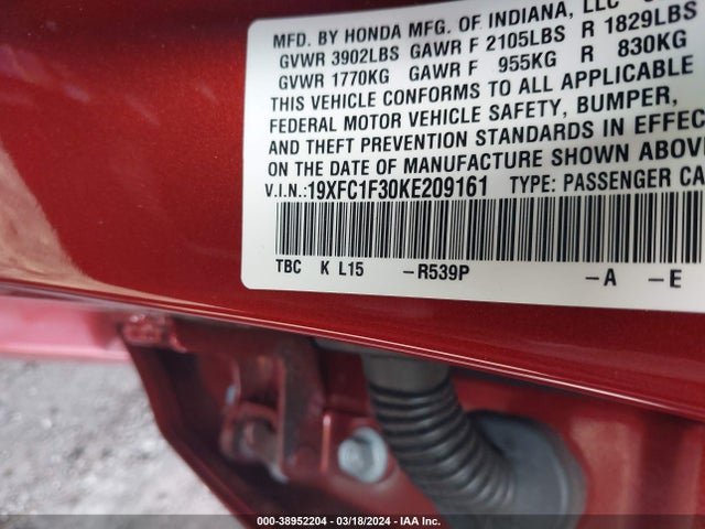 Honda CIVIC EX 2019 19XFC1F30KE209161 Image 9